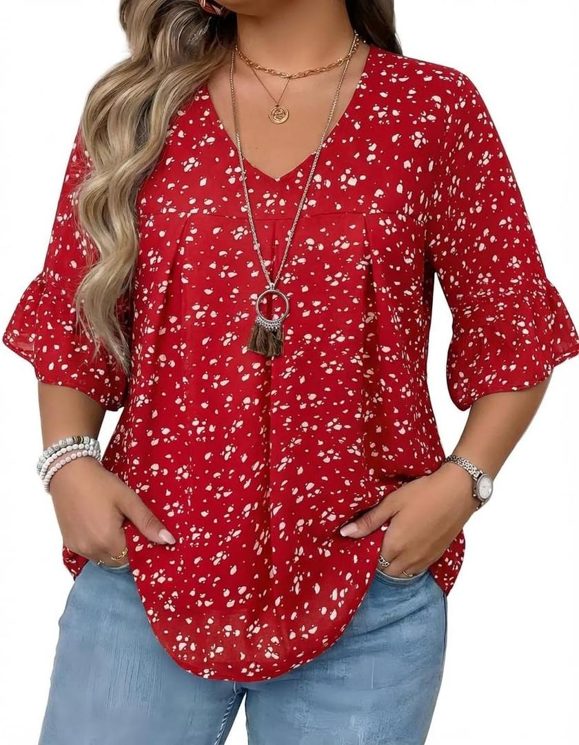 Amrto Plus Size Tops for Women Chiffon Ruffle 3/4 Sleeve Tunic Chiffon Blouses V Neck Casual Shirts XL-5XL (XX-Large, 1 Spotted Red)