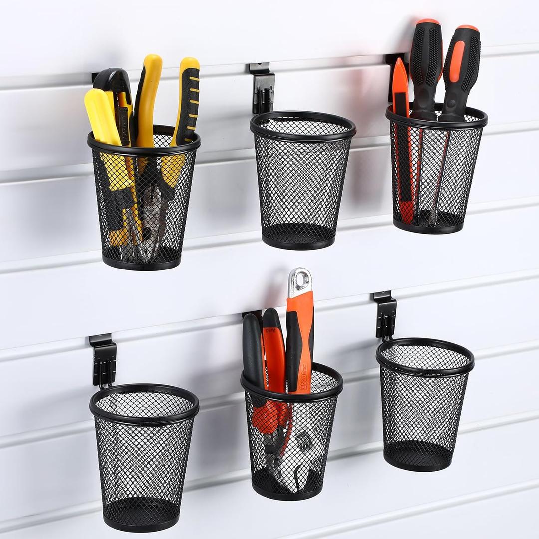 6 Set Slatwall Cups with Hook Loops, Mesh Steel Slatwall Tool Holder Bin Cups Pencil Holder Metal Slat Wall Organizer Accesories for Craft Garage Workshop Office Storage(Black)