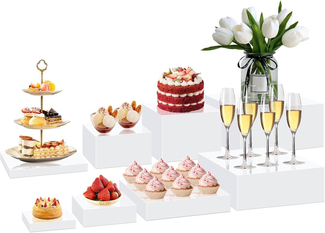 8pcs Buffet Risers, Food Display Stands for Buffet Table, Acrylic Display Risers Shelf for Dessert Jewelry Show, White Acrylic Cube Display Nesting Riser with Hollow Bottoms