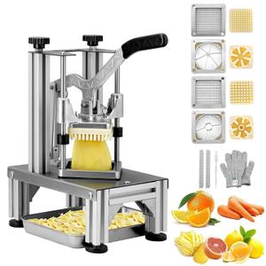 VEVOR Commercial French Fry Cutter with 4 Replacement Blades, 1/4" and 3/8" Blade Easy Dicer Chopper, 6-wedge Slicer and 6-wedge Apple Corer, Lemon Potato Cutter for French Fries with Extended Handle