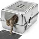 Ptlom Enclosed Stainless Steel Litter Box for Large Cats, Leak-Proof Metal Cat Toilet with Lid, Ventilated Top Opening Covered Cat Pan High Sided Walls, Scoop & Litter Mat, 27.7" x 19.8" x 13.1"