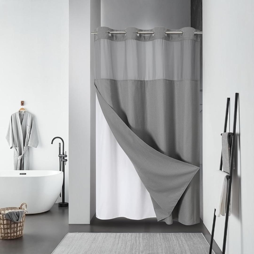 eachope Grey No Hook Waffle Weave Shower Curtain with snap-in Liner Replacement, 230GSM Waterproof Fabric Hotel Shower Curtain Set for Bathroom, Through Mesh Top Window,60Wx74H