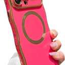 for iPhone 15 Pro Max Case Magnetic,for Women Girls Soft Cute Wave Frame Curly Shape Love Heart Luxury Plating Phone Case Compatible with MagSafe Shockproof Back Cover 6.7"-Hot Pink