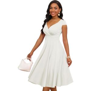 MarryUP Women's Cap Sleeve 1950s Retro Vintage Cocktail Wedding Prom Party Dress for Women White M