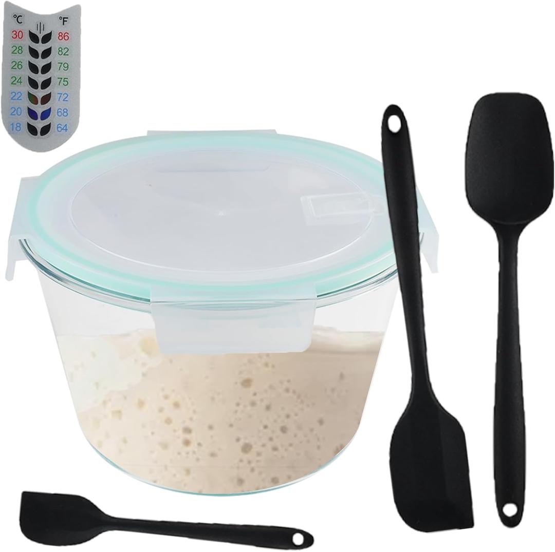 Rotund Sourdough Starter Kit,Large Capacity Sourdough Starter Jar with Airtight Lids,Glass Sourdough Bread Baking Supplies ,Bread Starter Tools,Fermentation Containers Kit with Silicone Spoon(2.8L)