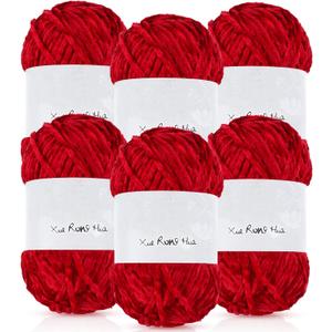 Amylove 6 Rolls Soft Velvet Chenille Yarn for Crocheting 1182 Yards Polyester Blanket Fuzzy Thick Yarn for Valentine's DIY Knitting Bulky Weaving Crafts, 197 Yd, 3.53 oz Each Roll(Red)
