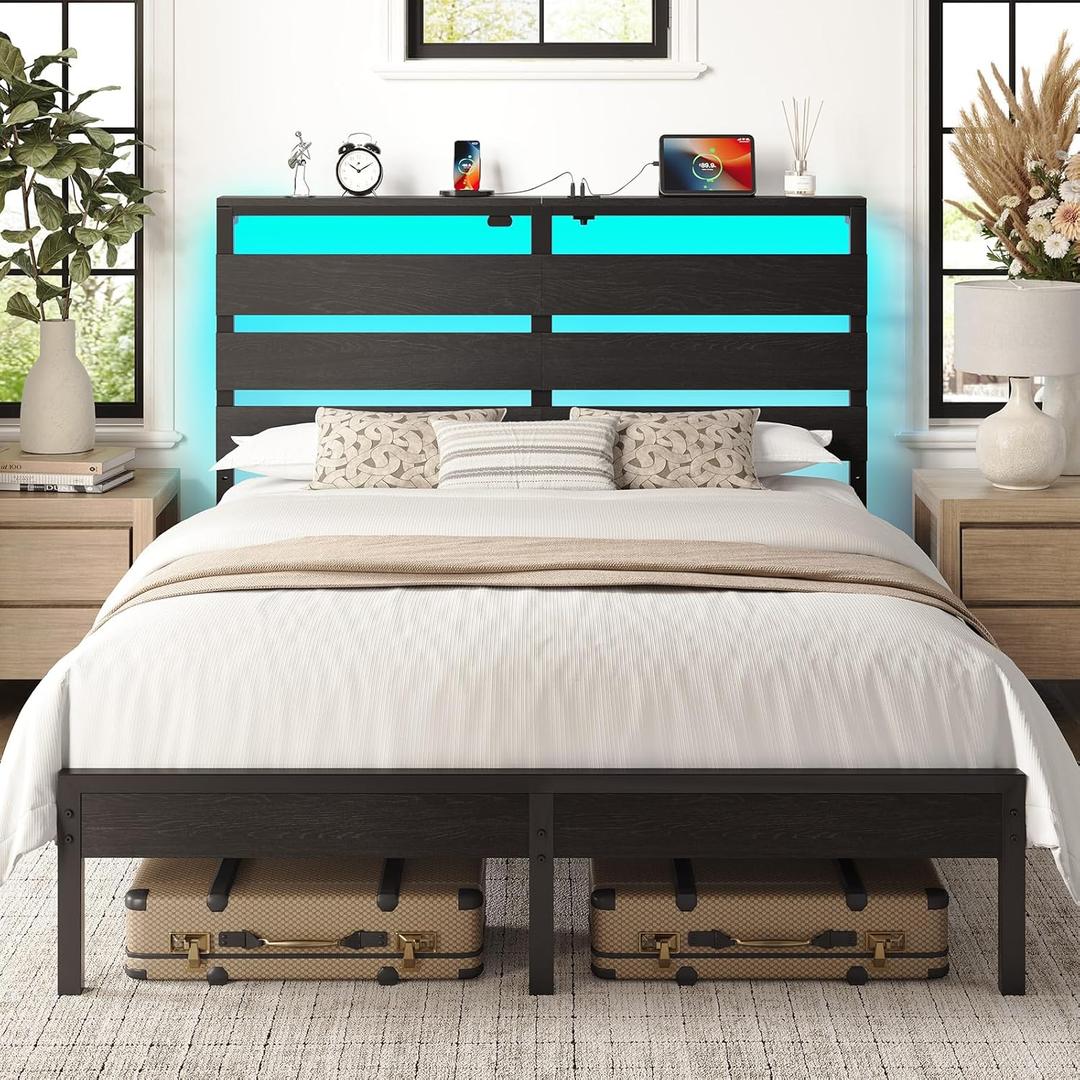 Rolanstar Full Size Bed Frame with LED Lights and Charging Station, Wood Storage Headboard and Under Bed Storage, Metal Platform, Noise Free, No Box Spring Needed, Balck Oak