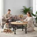 Industrial Round Coffee Table, Circle Wood Pottery Barn Coffee Table with Heavy Duty Metal Pipes Legs, Accent Cocktail Table Center Table with Open Shelf Storage for Living Room Home