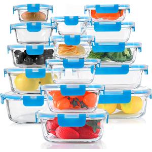 30 Pieces Glass Food Storage Containers, Meal Prep Set with Snap Locking Lids, Airtight lunch Containers, BPA-Free, Microwave, Oven, Freezer & Dishwasher Friendly, Blue