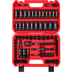96-Piece 3/8" Drive Impact Socket Wrench and Bit Set, SAE 5/16-3/4 & Metric 8-22mm, Cr-V Standard & Deep Sockets, Power Bits, Ratchet Handle, Universal Joint, Bit Holder, Adapters, Spark Plug Socket