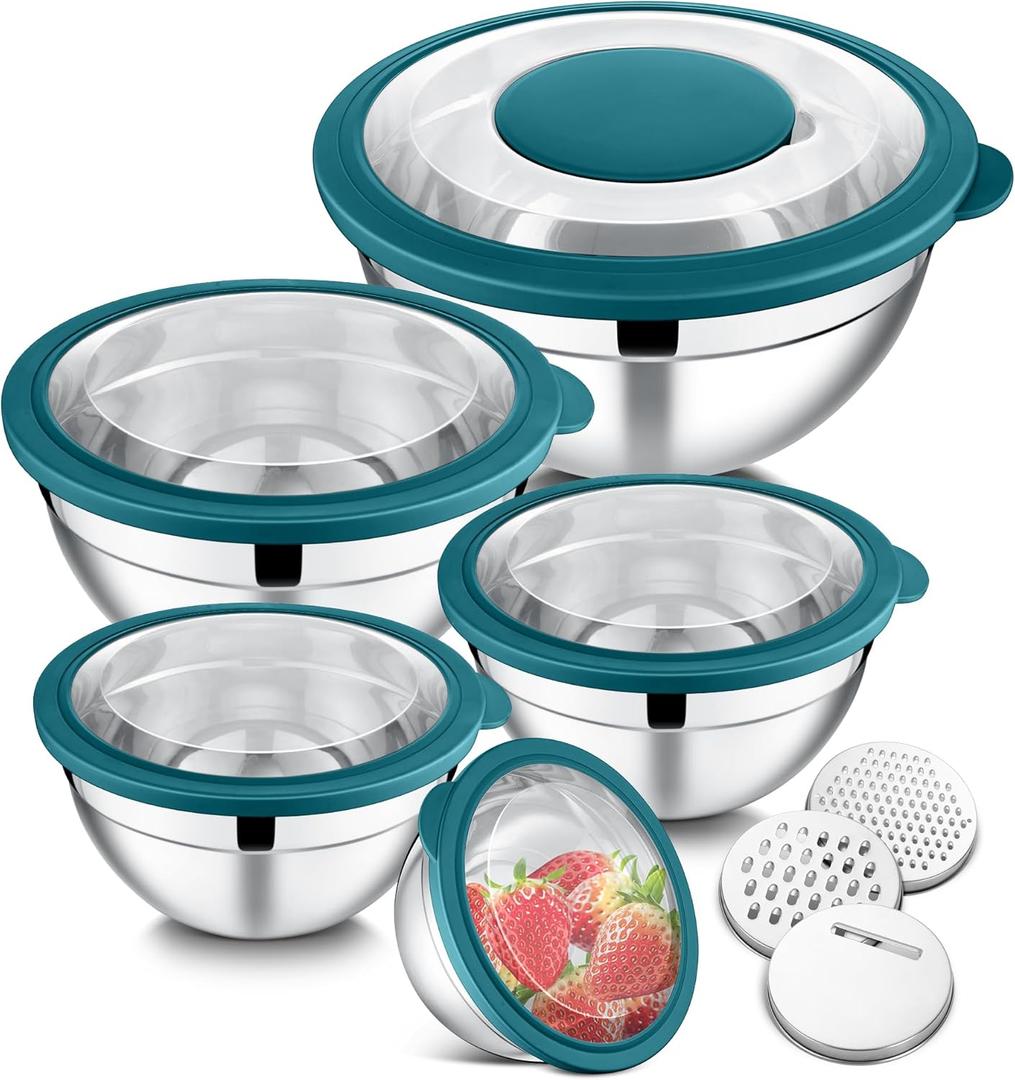 E-far Mixing Bowls Set of 5, Stainless Steel Salad Mixing Bowl with Transparent Lid, Metal Nesting Bowl Attach with 3 Graters for Kitchen Prepping/Serving/Baking/Storage, 4.6/2.6/1.5/1/0.7 QT - Blue (Teal Blue)