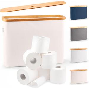 LONBET Toilet Paper Storage for 12 Rolls, Stackable & Foldable - The Ultimate Bathroom Organizer - Waterproof Basket with Bamboo Lid - Elegant Toilet Paper Storage Holder, Beige