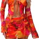 Women's Summer 2Pcs Outfits Tie-Dye Print Cropped Tops + Ruched Drawstring Mini Skirt Set Party Beach Suit M