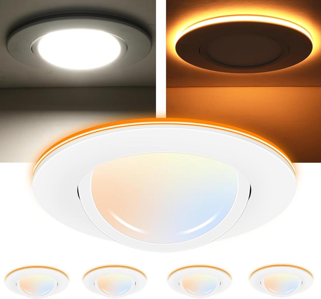 CLOUDY BAY [4 Pack] 6 inch 5 Color Swivel LED Gimbal Recessed Light with Night Light,12W CRI80+ 950LM,2700K/3000K/3500K/4000K/5000KCanless Angled Adjustable Ceiling Downlight, White Finish