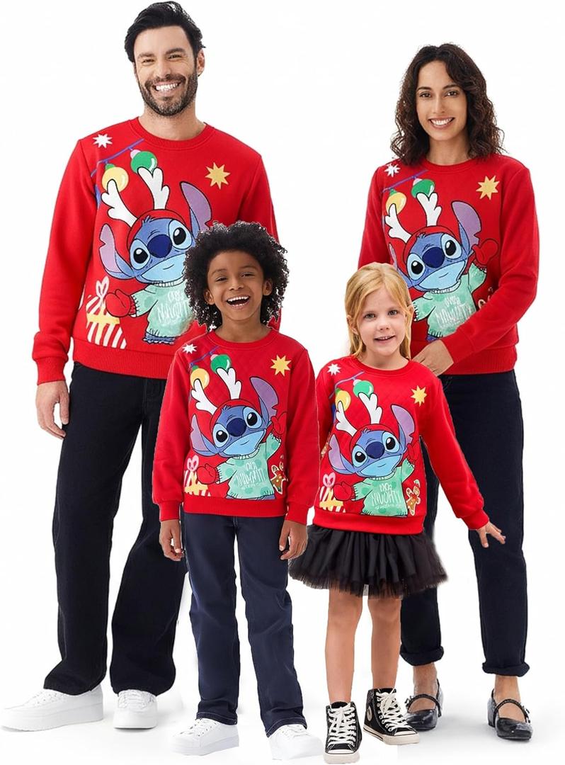Disney family matching sweatshirt Stitch Mickey Spiderman print long sleeve winter Christmas mom dad kids loose fit red (X-Large)