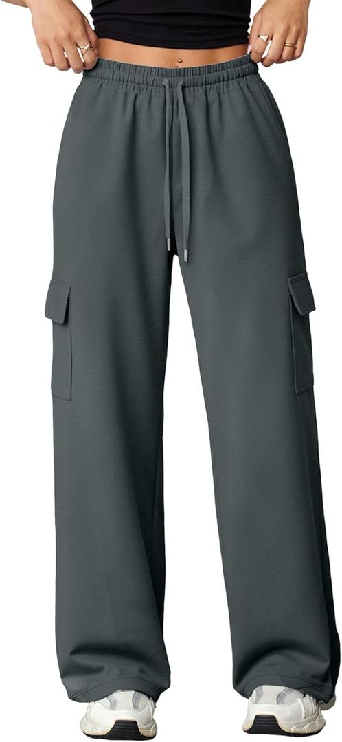 Aleumdr Wide Leg Sweatpants for Women Cargo Pants High Waisted Sweat Pants Baggy Joggers Casual Long Pants with Pockets (Small, Dark Grey)
