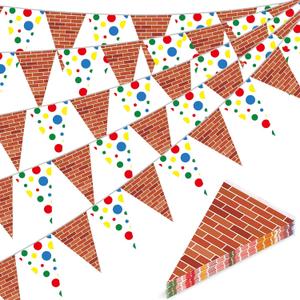 Pajean 5 Pcs Cartoon Street Party Decorations Cartoon Theme Pennant Garland Brick Wall Street Pennant Banners Flags Green Blue Red Dot Triangle Bunting Banner for Baby Shower Birthday Party Decor