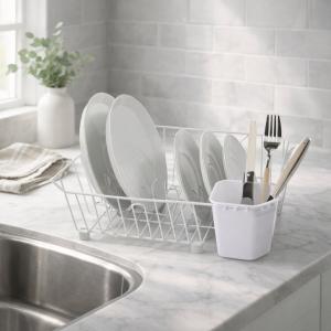 oggi Dish Drainer With Utensil Caddy, 12.5"x14.4"x5.4", White