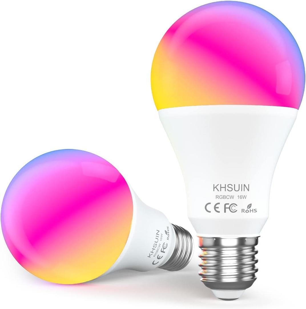 Bluetooth WiFi Smart Light Bulbs 150W Equivalent, 16W Dimmable 1600LM Smart Bulb Works with Alexa Google Home No Hub, E26 A19 LED Alexa Light Bulb, 2 Pack 2700-6500K RGBCW Color Changing CRI>90