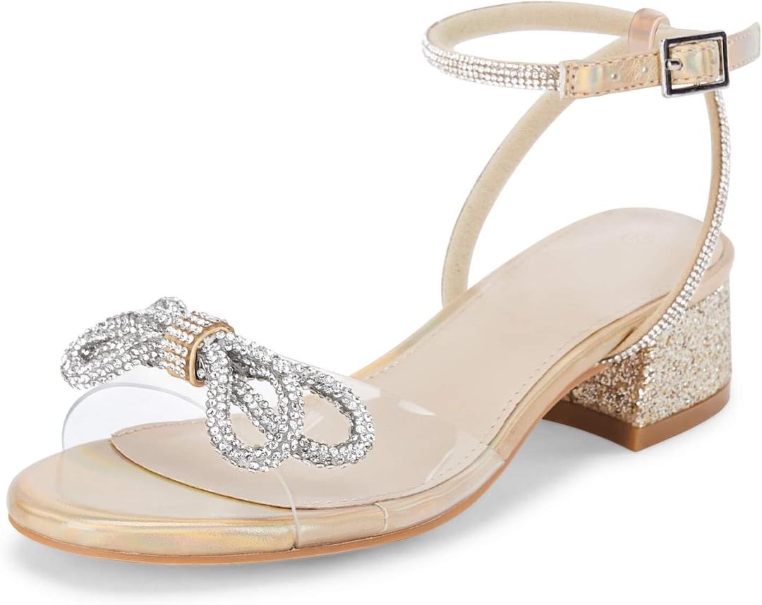 Coutgo Girls Rhinestone Sandals Low Chunky Heels Bow Open Toe Glitter Dress Shoes for Toddler Little Big Kid, Size: 2 Little Kid