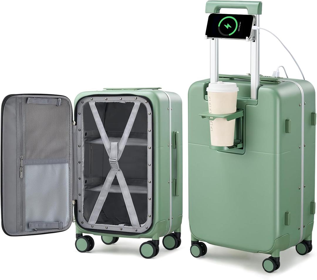 Hanke 28 Inch Luggage with Cup Holder and Charge,Top Opening Hard Shell Suitcases with Wheels and Dividers,Aluminum Frame Trunk Luggage Extra Large Suitcase with Lock for Travel,Forest Green