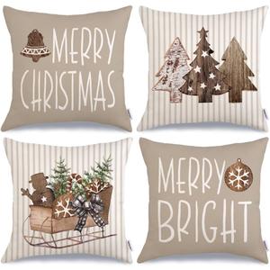 GEEORY Christmas Pillow Covers 16 x 16 Inch Set of 4, Striped Wooden Tree Snow Sleigh Merry Bright Xmas Holiday Decor Decorative Throw Cushion Case Decoration for Home Party Sofa Couch (Brown)