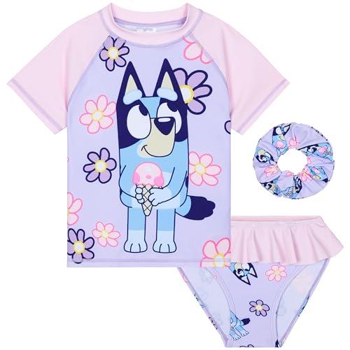 Bluey Girls Swimsuit One Piece Bathing Suit or Rash Guard Set Kids, Toddlers, Swimwear Pool Beach Travel Essentials Holiday (3-4 Years, Lilac with Scrunchie) Size 4 up to 104cm
