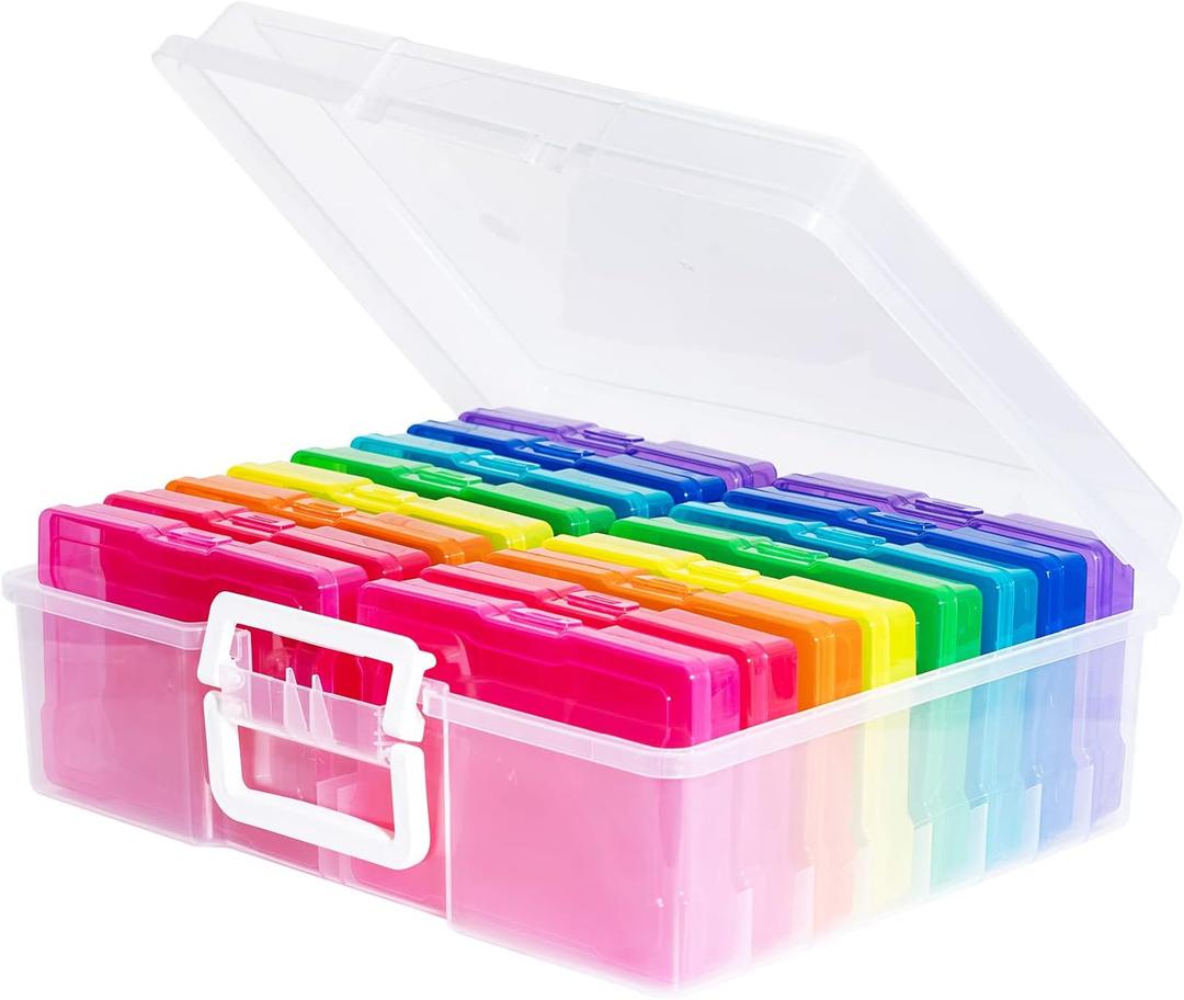 novelinks Transparent 4" x 6" Photo Cases and Clear Craft Keeper with Handle - 16 Inner Cases Plastic Storage Container Box (Multi-colored) (multicolored)