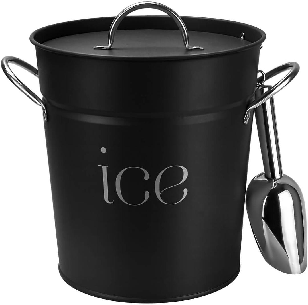 3Qt Black Galvanized Ice Bucket with Lid, Scoop & Handles - Ideal for Cocktails, Parties, BBQs, Wine & Champagne. Double-Layer Insulated Outer & Galvanized Inner Layer, Perfect for Home & Outdoor Use
