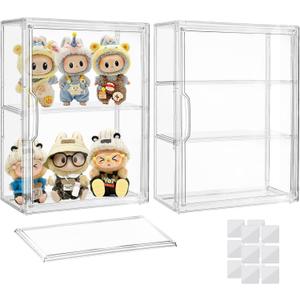 Attelite Acrylic Display Cases for Collectibles, 2 Pack 3 Layer Clear Display Case with Magnetic Door,Desktop Clear Showcase with 2 Adjustable Divider Storage Box for Action Figure