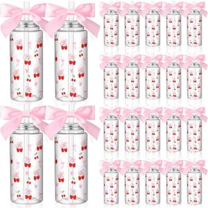 24 Pcs Cherry Bow Plastic Cups Coquette Aesthetic Cup with Lids and Straws 14 oz Reusable Cute Plastic Tumbler with Ribbon for Birthday Bridal Wedding Party Supplies(Pink,Red)