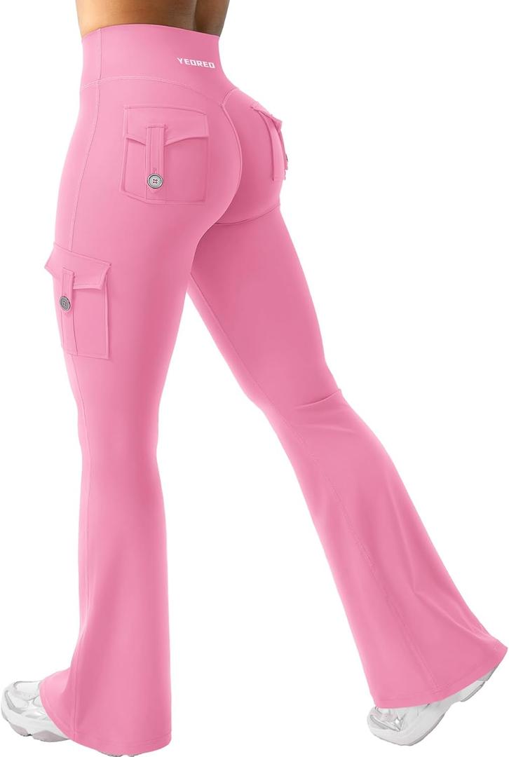 YEOREO CoreFlex Women Workout Flare Leggings with Pockets Hidden Scrunch High Waisted Cargo Gym Yoga No Front Seam Leggings (Large, Pink)