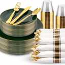 KIRE 175PCS Green Plastic Plates with Gold Rim - Heavy Duty Green Plates Disposable Include 50 Fancy Plastic Plate, 25Pre Rolled Napkins 25 Cups For Party/Wedding/Spring