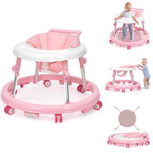 Baby Walker Foldable with 9 Adjustable Heights, Baby Walker with Wheels Portable, Infant Toddler Walker for Baby Boy Girls 6-18 Months (Pink)