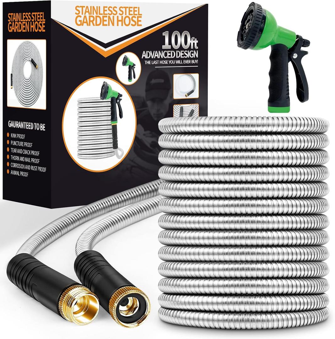 Unywarse Garden Hose 100ft, Stainless Steel Heavy Duty Water Hose with 10 Function Nozzle Flexible, Lightweight, No-Kink, Pet Proof, Puncture Proof Metal Hose for Yard, Outdoor