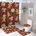 4PCS Shower Curtain with Bathroom Sets and Rugs Decor Christmas Cookies Gingerbread Shower Curtain Sets with Non-Slip Rug Toilet Lid Cover U-Shaped Mat with Hooks 72"x72"