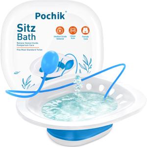 Pochik Sitz Bath for Toilet Seat Hemorrhoids and Postpartum Care, Yoni Steam Seat, Perineal Soaking, Collapsible, Flusher Hose, Drain Holes, Wider Seating Area - Blue