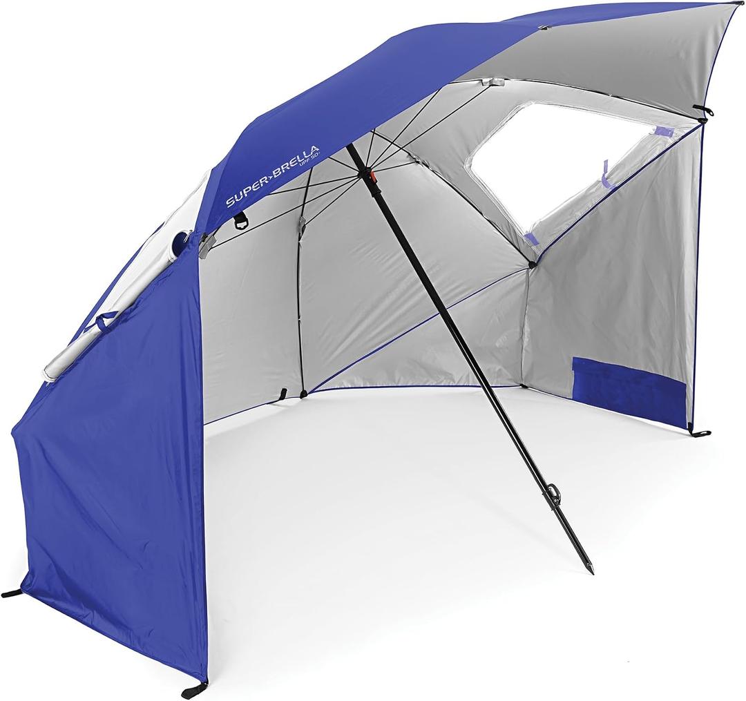 Sport-Brella Super-Brella UPF 50+ Sun and Rain Canopy Umbrella, 8 Foot Portable Beach Shelter with Side Panels, Wind Flaps, and Carry Bag, Blue