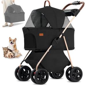 3 in 1 Multifunction Pet Travel System, 4 Wheel Foldable Stroller with Storage Basket for Small & Medium Dogs & Cats (Black)