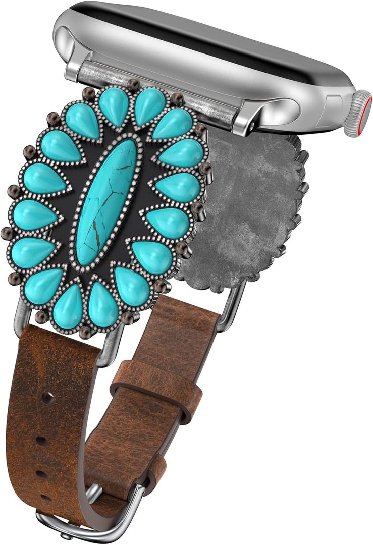 Minyee Leather Band Compatible with Apple Watch Band Women 42/46/38/40/41/44/45/49mm, Western Boho Turquoise Vintage Retro Designer Slim Thin Strap for iWatch Series 11 10 9 SE 8 7 6 5 4 3 2 1 Ultra