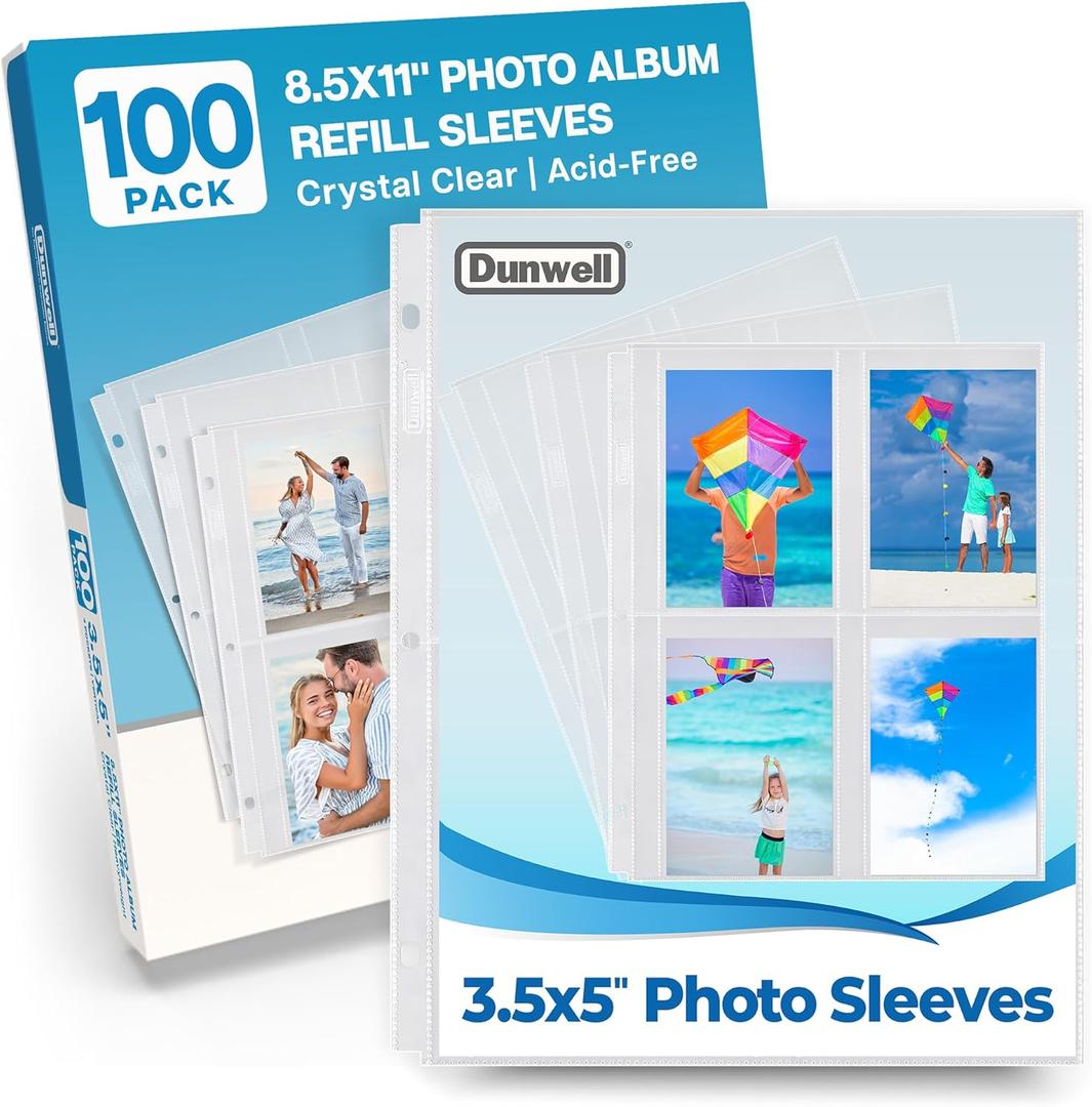 Dunwell Photo Sleeves for 3-Ring Binder, (3.5x5, 100 Pack) for 800 Pictures, Each Photo Page Holds 8 Pictures or 4 Seed Packets, Acid-Free Poly Plastic 3.5 x 5 Album Refill Pages