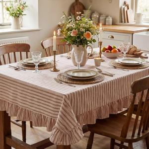 Gilprop 60120 Inch Farmhouse Rectangle Ruffle Tablecloth Cotton Red White Striped Tablecloth Vintage Red Striped Table Cover for Country Indoor Rustic Retro Farmhouse Decor