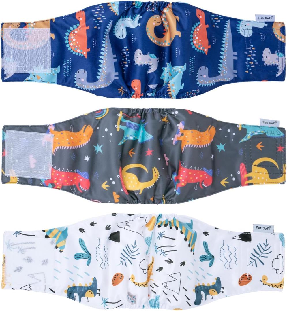 Pet Soft Dog Belly Band - 3 Packs Reusable Dog Diapers Male Doggy Diapers Wraps - Washable Dogs Belly Bands for Male Dogs (Dino, M) (Medium (12''-14''))