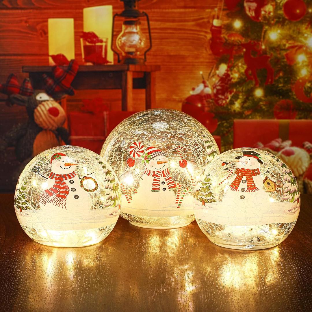 Soulchen 3 Pcs Christmas Decorations Indoor Snowman Globe Crackle Glass Ball Lamp with LED Lights Tabletop Xmas Decor Christmas Table Decorations for Home Fireplace Mantel