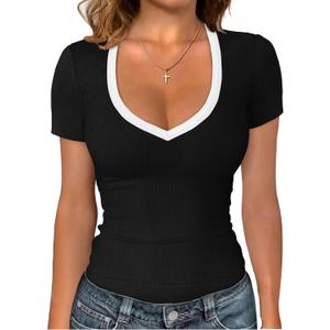 Sampeel Short Sleeve Shirts for Women V Neck Summer Ribbed Tshirts 2026 Slim Fit Spring Fashion Going Out Basic Tees (X-Large, Color Block (Black & White)
