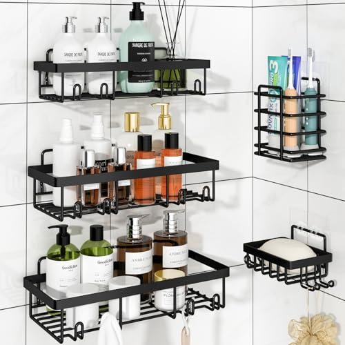 Liuoud 5 Pack Shower Caddy Organizer Rack Shelf for Inside Shower, Adhesive Bathroom Wall Storage Basket Rustproof Stainless Steel Shampoo Holder, Bathroom Accessory Decor Set, Black.