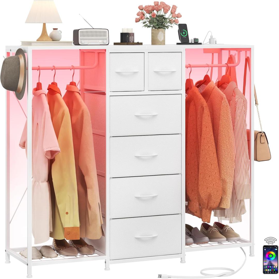 Dresser with 2 Hanging Racks, Led Dresser with Charging Station, 15" D Kids Dressers with 6 Drawers, 2 Shoe Racks and Side Hooks, Wooden Top Chest of Drawers for Bedroom, Kids Room, White
