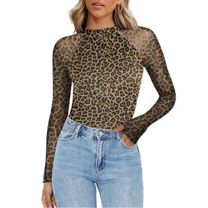 Zeagoo Leopard Print Tops for Women Mesh Long Sleeve Mock Neck Shirt See Through Going Out Blouses Large