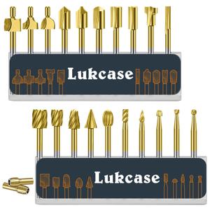 Wood Carving Bits Titanium Coated Engraving Router Bit, 20pcs HSS Rotary Burr Set with 1/8" Shank for Rotary Tools for DIY Carving, Drilling Engraving, Woodworking, Trimming, 2 Collet Included