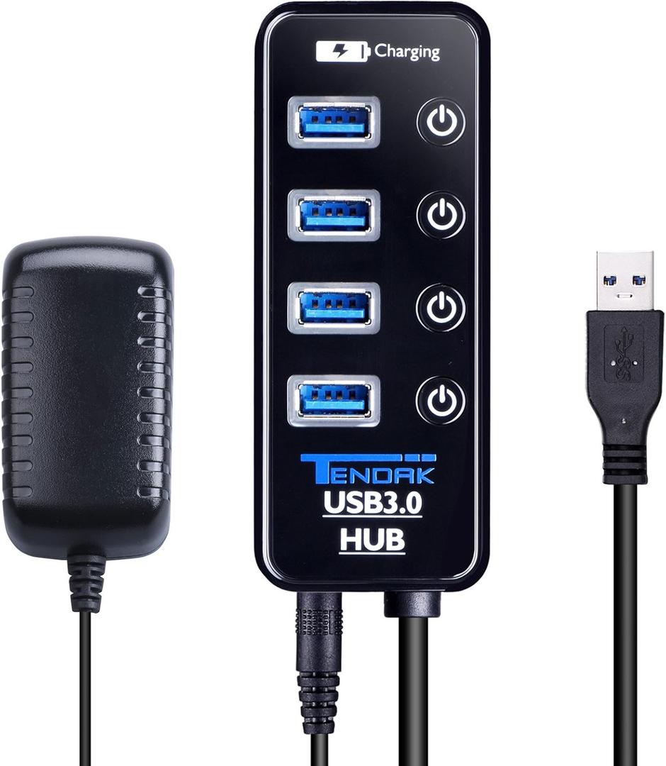 USB 3.0 Hub - Tendak USB Hub with 4 USB 3.0 Data Ports + 1 USB Smart Charging Port and Power Supply Adapter with Individual On/Off Port Switches for MacBook, Mac Pro, HDD